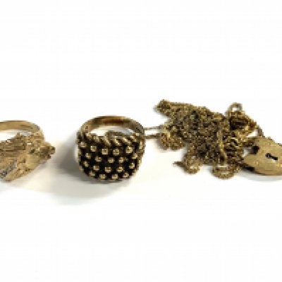 A 9ct gold ruby and diamond horse head design ring, A 9ct gold Keeper ring, small collection of chains etc. (total wight 25.3g)