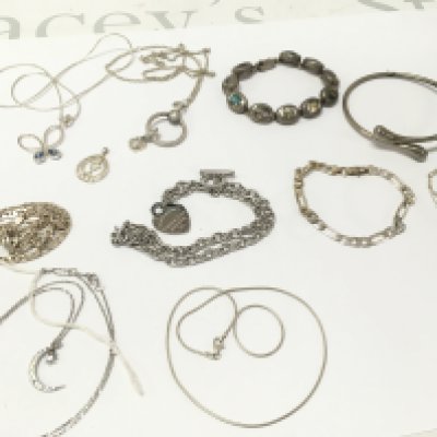 A collection of silver Jewellery including necklaces, bracelets. Postage category A