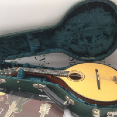 A fine quality Fylde mandolin with hard carry case and a mandolin songbook.