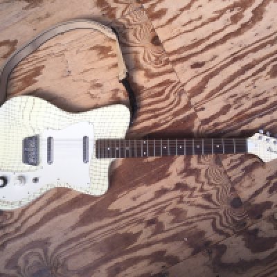 A Danelectro 67 Heaven electric guitar with an alligator skin style finish. Cones with a soft carry case.