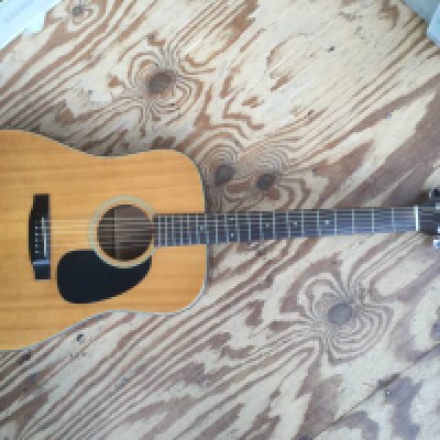 A Takamine acoustic guitar retro fitted with a pickup. Comes with a soft carry case.