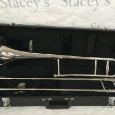 A cased trombone.