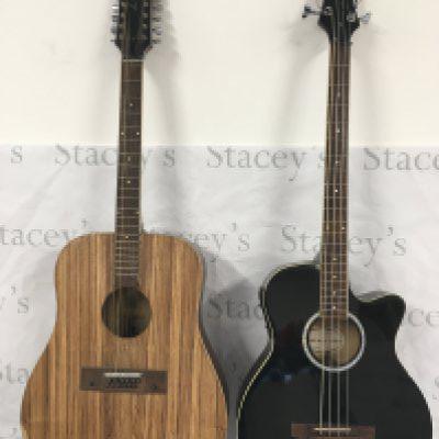 An Eros acoustic guitar and a Swift acoustic bass guitar. No cases.