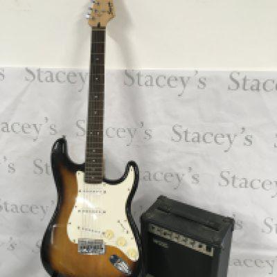 A Fender Squier Bullet Stratocaster with stand, soft case and practice amp (3).