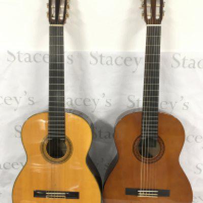 Two classical guitars comprising a Takamine C-128 and a Yamaha C40, both with hard carry cases. Please see image of discolouration to the reverse of the Takamine.