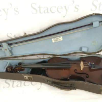 A cased violin and bow. No label inside soundhole.