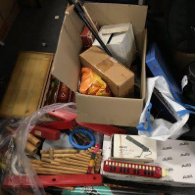 Two boxes of musical instruments comprising various percussion, recorders, melodica, xylophone etc.