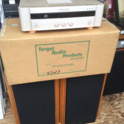 A Marantz CD-7 CD player, a pair of floor standing Infinity speakers (damaged cones) and a boxed pair of Target Audio speaker stands (4).