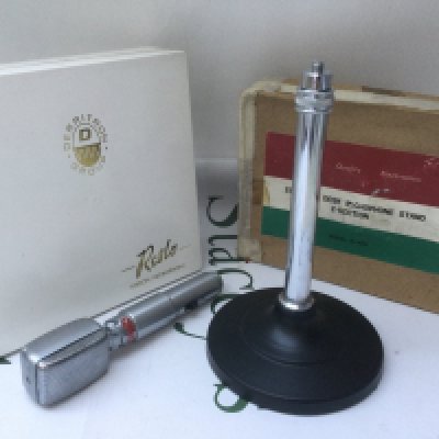 A boxed Reslosound RBH/TS ribbon microphone and stand, also boxed. Comes with instructions and lead.