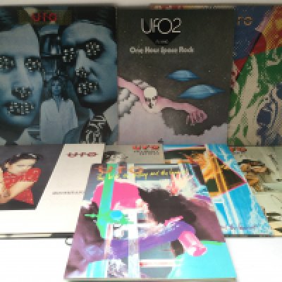 Fifteen UFO and related LPs comprising Strangers In The Night, One Hour Space Rock and others plus a guitar player's songbook.