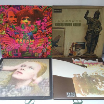 Four early pressings of LPs comprising Led Zeppelin 2, Disraeli Gears, Hunky Dory and Cricklewood Green. Led Zep 2 needs a clean.