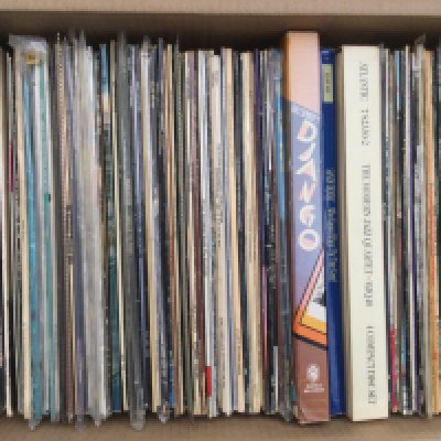 Two boxes of LPs, 12" and 7" singles by various artists plus a John Lennon Anthology multi CD box set.