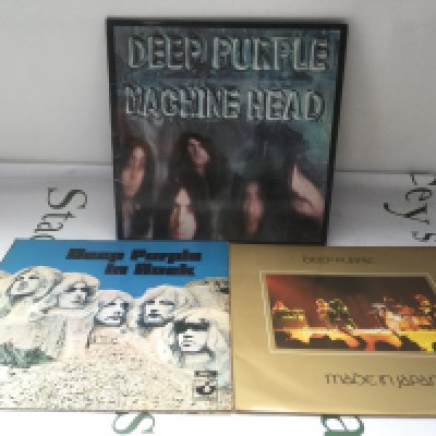 Three Deep Purple LPs comprising Machine Head (with poster), Made In Japan and In Rock.