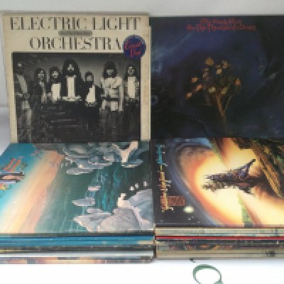 A collection of ELO, Moody Blues and related LPs.