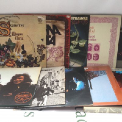 Two bags containing 20 folk LPs by various artists including Magna Carta, Fairport Convention, Bob Dylan and others. Please note Biograph is missing record 1.