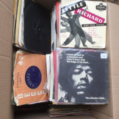 Two boxes of 7" singles and EPs by various artists including The Beatles, Elvis Presley, Billy Fury and many more.