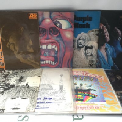 Eight LPs by various artists including The Beatles, Jimi Hendrix, King Crimson and other. Electric Ladyland is a Polydor reissue. Please note that the In The Court Of The Crimson King cover has been exposed to damp and is not entirely flat.