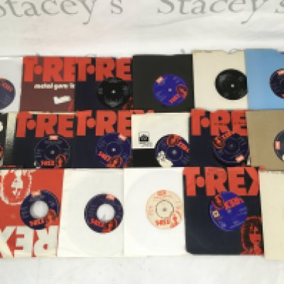 A record case of T Rex 7" singles.