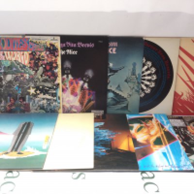 Two bags containing twenty prog rock LPs by various artists including Aphrodite's Child, The Nice, King Crimson and others. Includes two promo discs and US pressings.