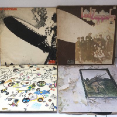 The first four Led Zeppelin LPs on red/plum Atlantic labels. All have outer cover and inner sleeve issues. Led Zeppelin 1, 2 & 3 all have a feelable scratch on Side A.