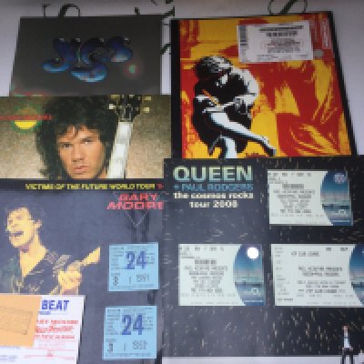 A collection of rock and pop tour programs, some with tickets. Various artists including U2, Guns n Roses, Metallica and others.