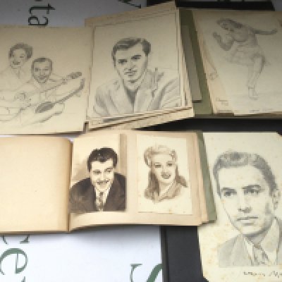 Three albums of sketches and watercolours of famous movie stars from the 1940s/50s onwards including 12 signed by various stars including David Niven, Mickey Rooney, Margaret Lockwood and others.
