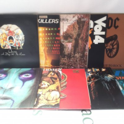 Ten rock and heavy rock LPs by various artists including Black Sabbath, Alice Cooper, Queen and others.