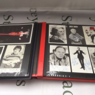 Three binders of signed photos and publicity cards comprising Tommy Cooper, Sir John Geilgud, Norman Wisdom, Eric Sykes and many more. See images for lists of contents.