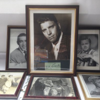 Six framed and signed photos comprising Burt Lancaster, Anthony Quinn, Brigitte Bardot and others.