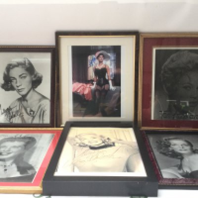 Six framed and signed photos of Sophia Loren, Jane Russell, Lauren Bacall and others.