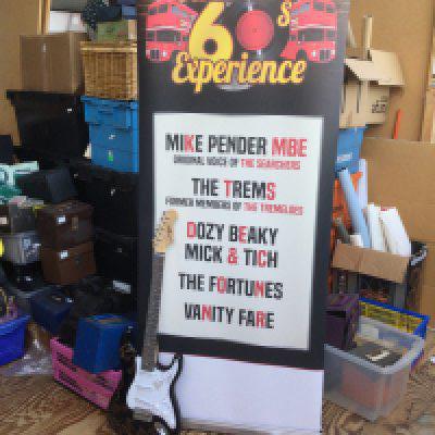 A multi signed guitar, roller banner and program for The Sensational 60s Experience tour in 2022/23. Names include Mike Pender, Mike D'Abo and others.