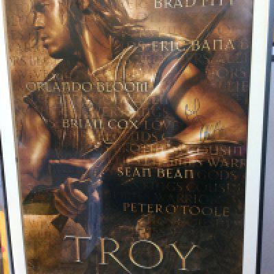 A signed US one sheet film poster for the 2004 movie Troy, signed by Brad Pitt and Orlando Bloom. Framed and glazed, not folded. Also comes with a Troy movie display containing a screen used prop arrow and signed Brad Pitt photo (2).