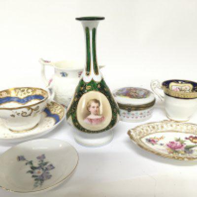 A Quality green overlay and opaque enamel decorated Victorian glass scent bottle height 19cm and a collection of 19th century and later porcelain and ceramics.