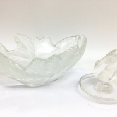 Lalique frosted glass ornaments including a leaf bowl and a fish pin dish , 10cm tall approx. This lot cannot be posted