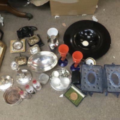 A Collection of assorted items including art glass vases, plated candlesticks, collectable designer coke bottles, blue glass flower vases, Nikon camera, Rosenthal Versace dish. This lot cannot be posted