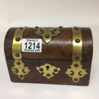 A Victorian walnut dome top and brass bound trinket box 16cm wide.