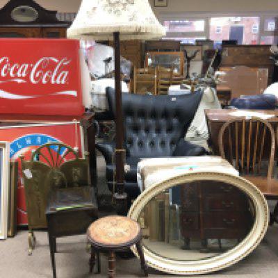 A Mahogany standard lamp with fluted Column a brass fire screen a white painted oval mirror mahogany work box and a small stool (5)