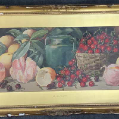 Giovanni BARBARO (1864-1915), Gilt framed Still life watercolour with cherries and oranges. 98cm x 51cm. NO RESERVE