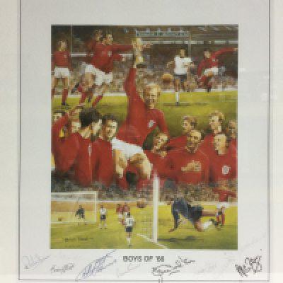 A framed and glazed multiple signed limited edition print of the England world cup winning team, approx 53cm x 59cm. Shipping category D. NO RESERVE