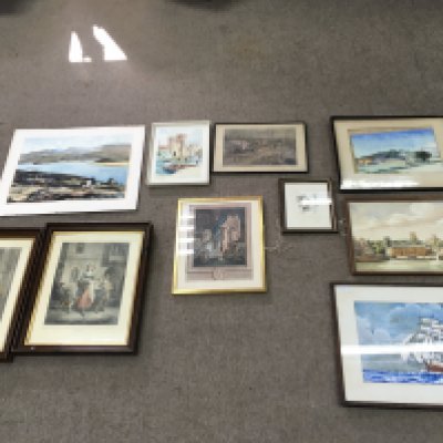 A collective lot of artwork including painting of ship by W Hinds. NO RESERVE