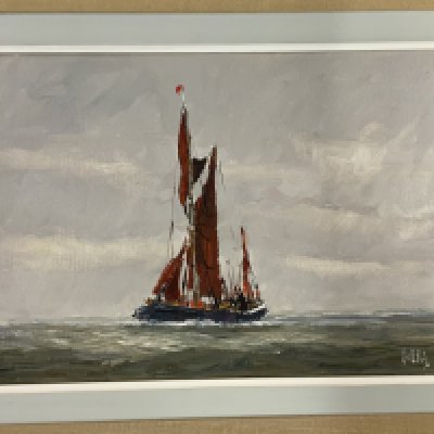 A Vic Ellis oil on canvas painting of a Thames Barge. 56cm x 39cm