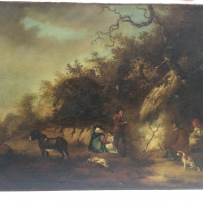 G.Moreland (1763-1804) Oil on canvas depicting a woodland camp scene , dimensions approximately 60x46cm. This lot cannot be posted