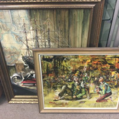 Two 20th century acrylic paintings by French artist Henri Grange, one titled Les Masques. Dimensions 70x59cm & 75x89cm This lot cannot be posted