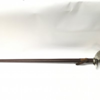 A George V Officers sword with a leather scabbard. Presented to R.Q.M.S R.Smith on the occasion of his promotion to commission rank by the members of the 11th reserve battalion. Sergeants Mess August 1st 1916. 98cm total approximate length, 82cm blade length. This lot cannot be posted
