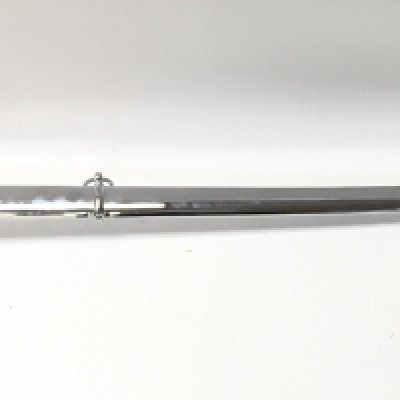 A 19th century sword with a large chrome hand guard and scabbard, black leather grip. Blade 87cm long