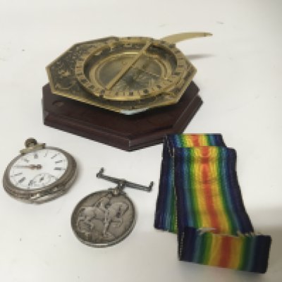 A I world war medal awarded to 23 608 Pte A Laws North D Fus a reproduction brass Compass and a Continental white metal cased button wind pocket watch.