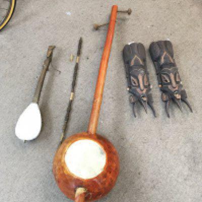African style wooden carved mask, an Indian Dotara bass (120cm long) and a Gusle. This lot cannot. NO RESERVE