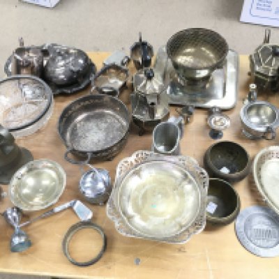A large collection of silver plate items and pewter items. NO RESERVE