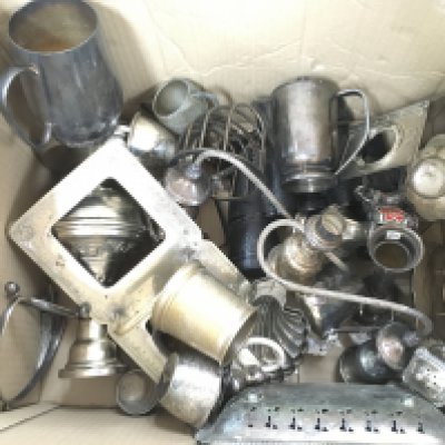 A large box of assorted silver plate and other metal items. NO RESERVE