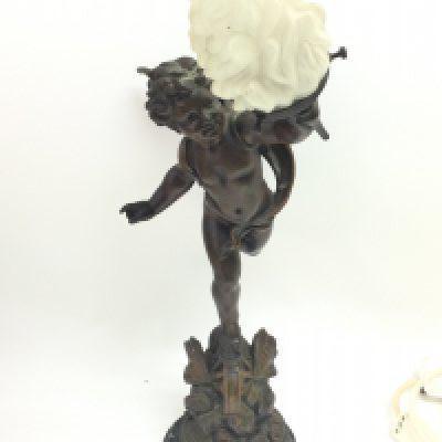 A French Cherub figure lamp with a frosted glass flame shade, L'Amour vainqueur. This lot cannot be posted